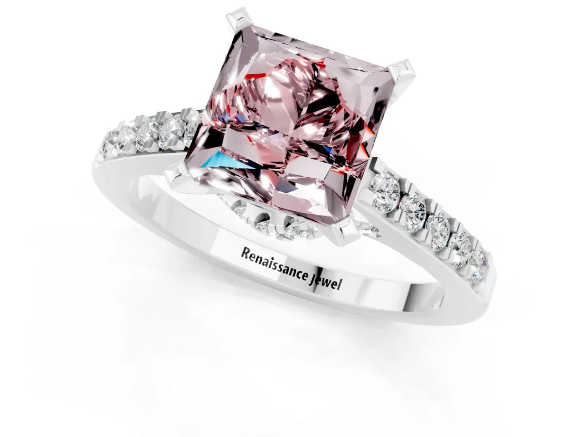 Princess Cut Morganite Solitaire Ring with Crossover Gallery and Round Pavé Band Silver