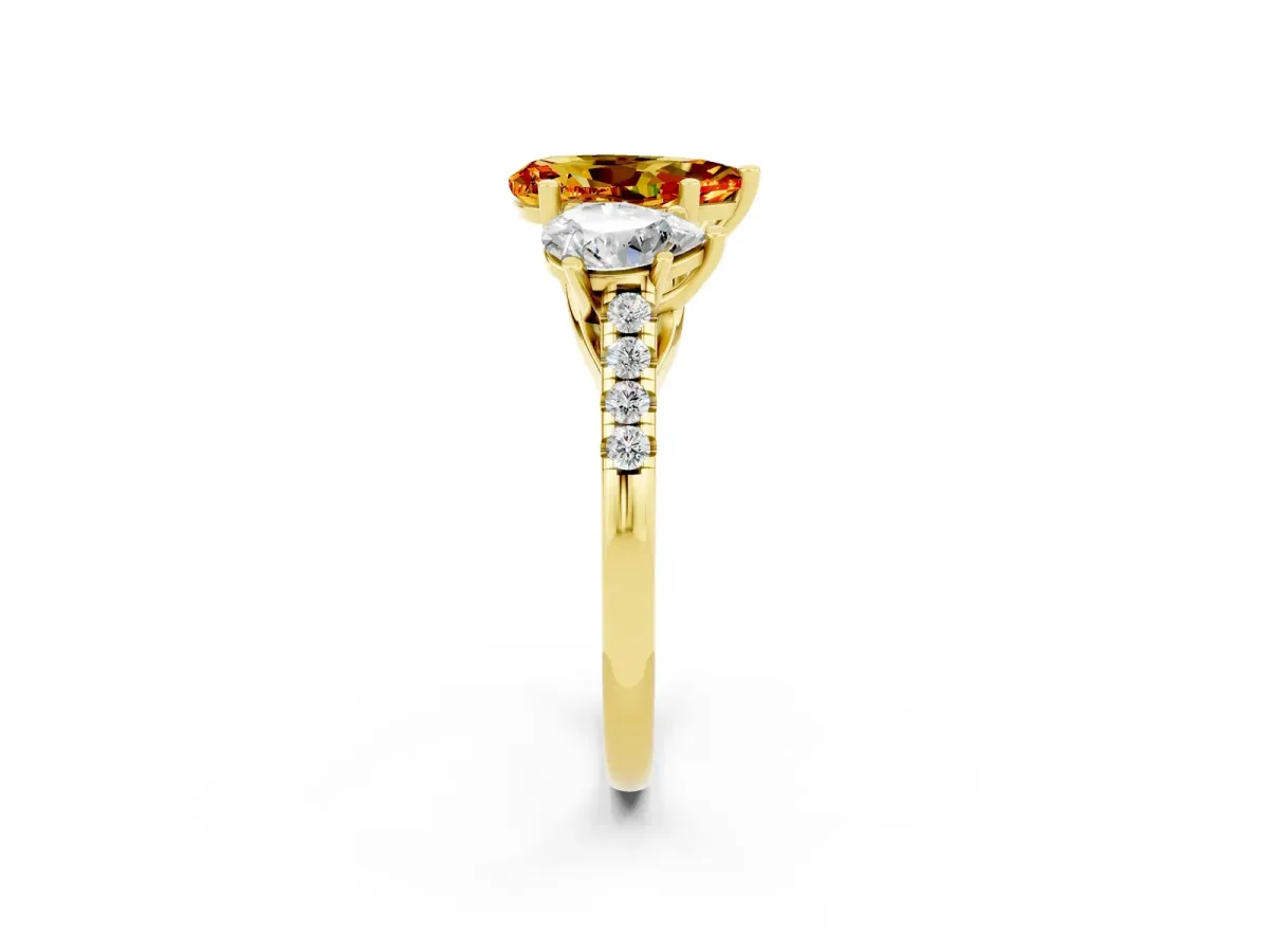 Three-Stone Pear Cut Citrine Ring with Round Pavé Band and Prong Setting Yellow gold