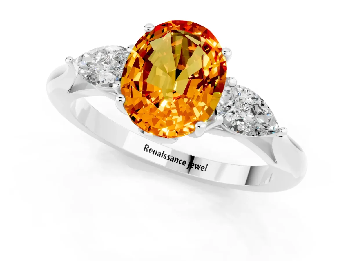 Three-Stone Oval Cut Citrine Ring with Pear Side Stones in Four-Prong Setting White gold