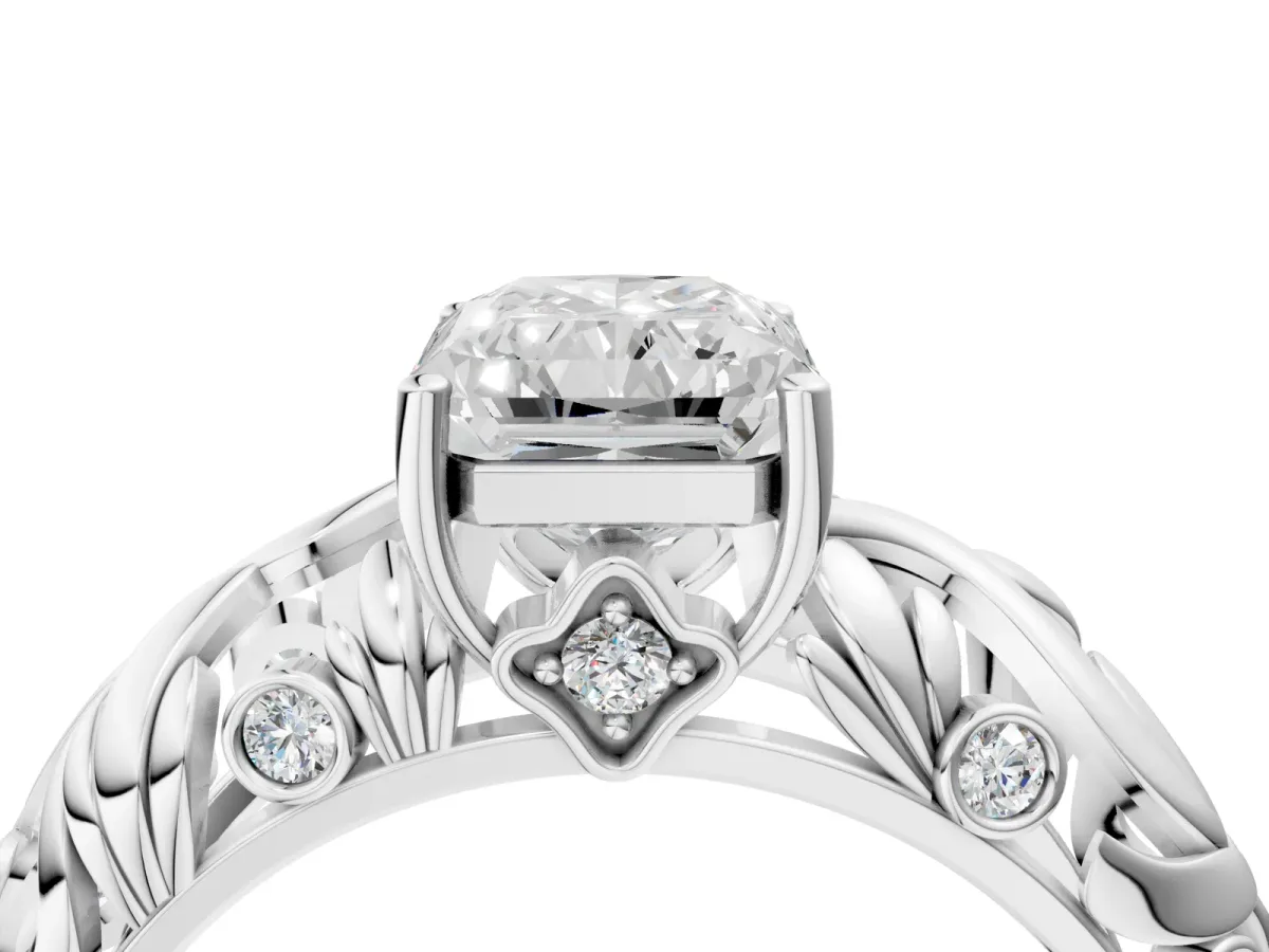 Radiant Cut Solitaire Diamond Leaf-Inspired Vine Band Ring with Prong Setting Platinum