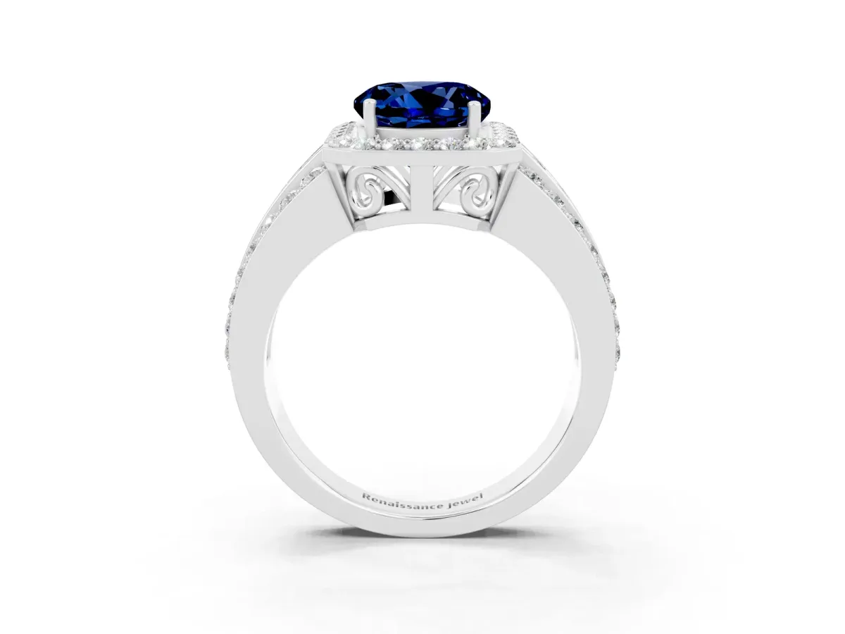 Round Cut Halo Blue Sapphire Ring with Round Split Shank and Prong Setting Platinum