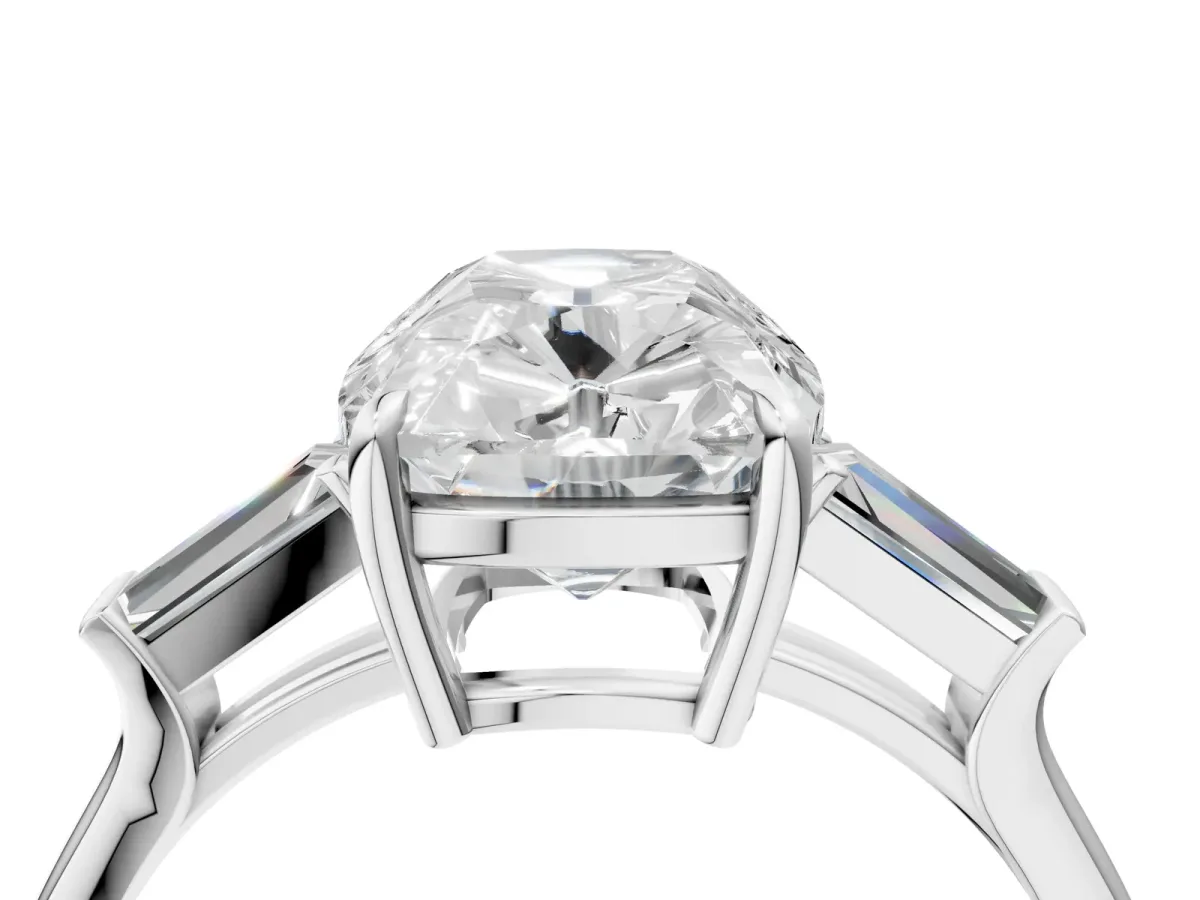Old Mine Elongated Cushion Diamond with Side Tapered Baguette Three Stone Ring Silver