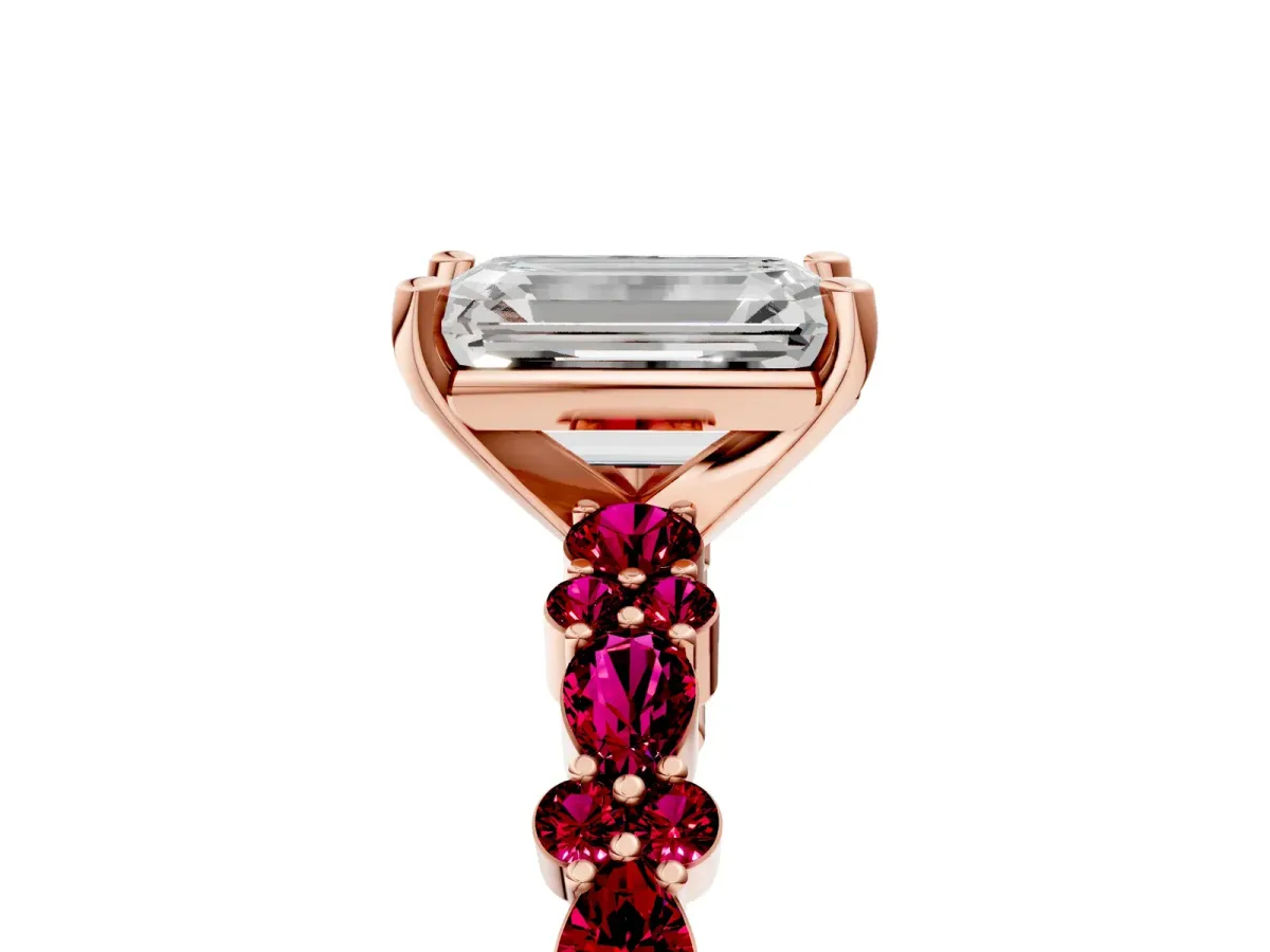 Emerald Cut Diamond Side Stone Solitaire Ring with Round Garnet and Four-Prong Setting Rose gold