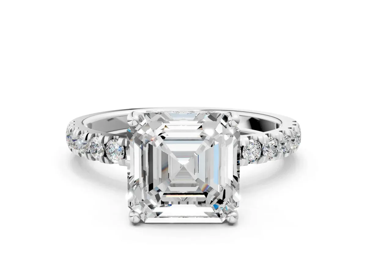 Asscher Cut Diamond Pave Band Solitaire Ring with Round and Prong Setting Platinum
