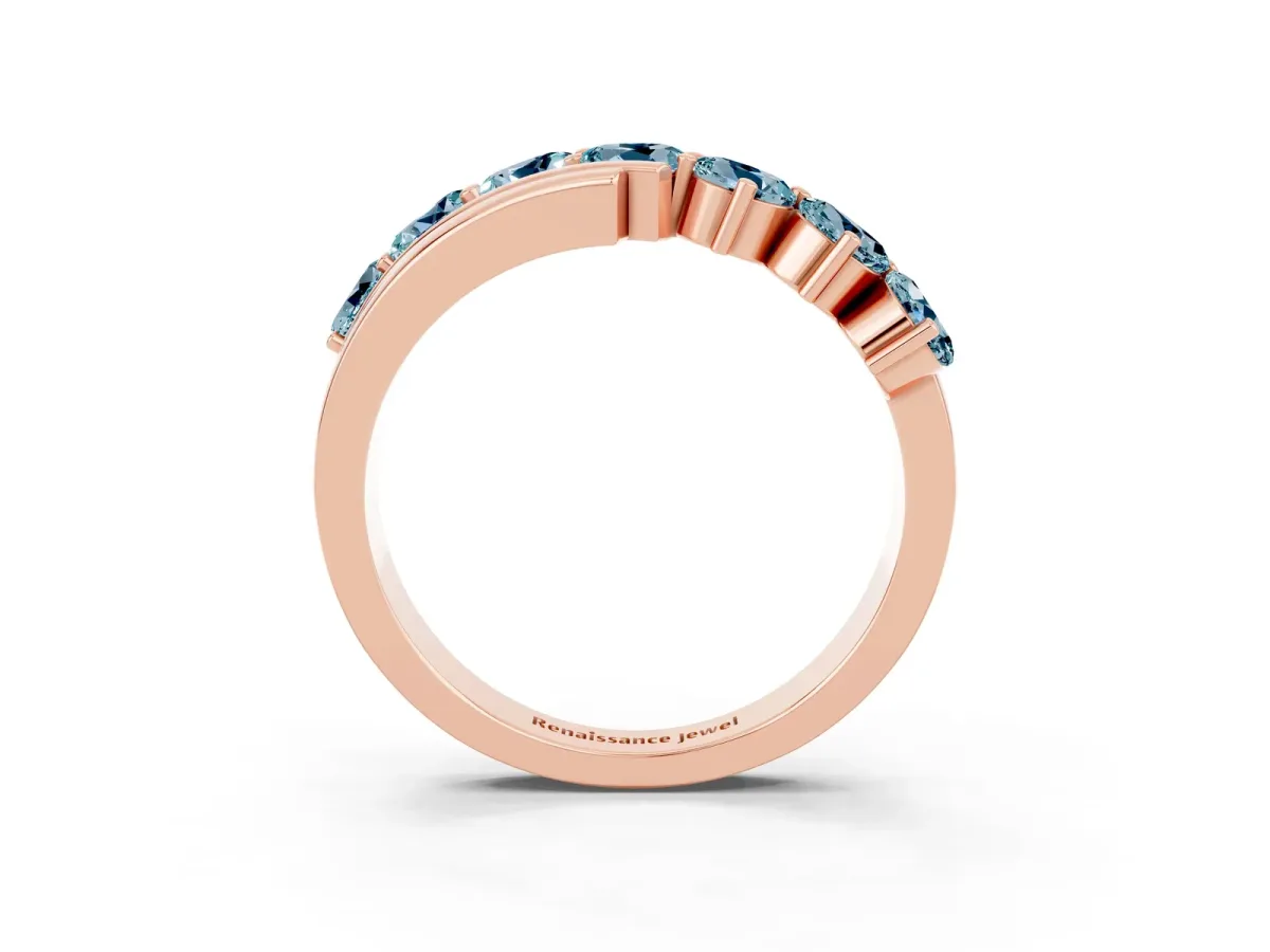 Round Aquamarine Wave Band with Channel and Shared Prong Setting Rose gold
