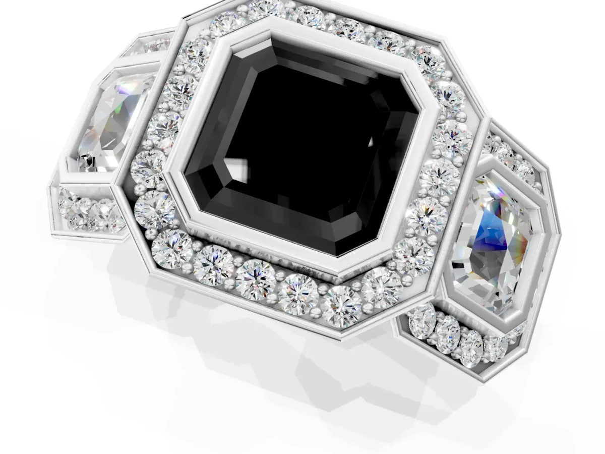 Fancy Black Three-Stone Asscher Cut Halo Pavé Diamond Ring Platinum
