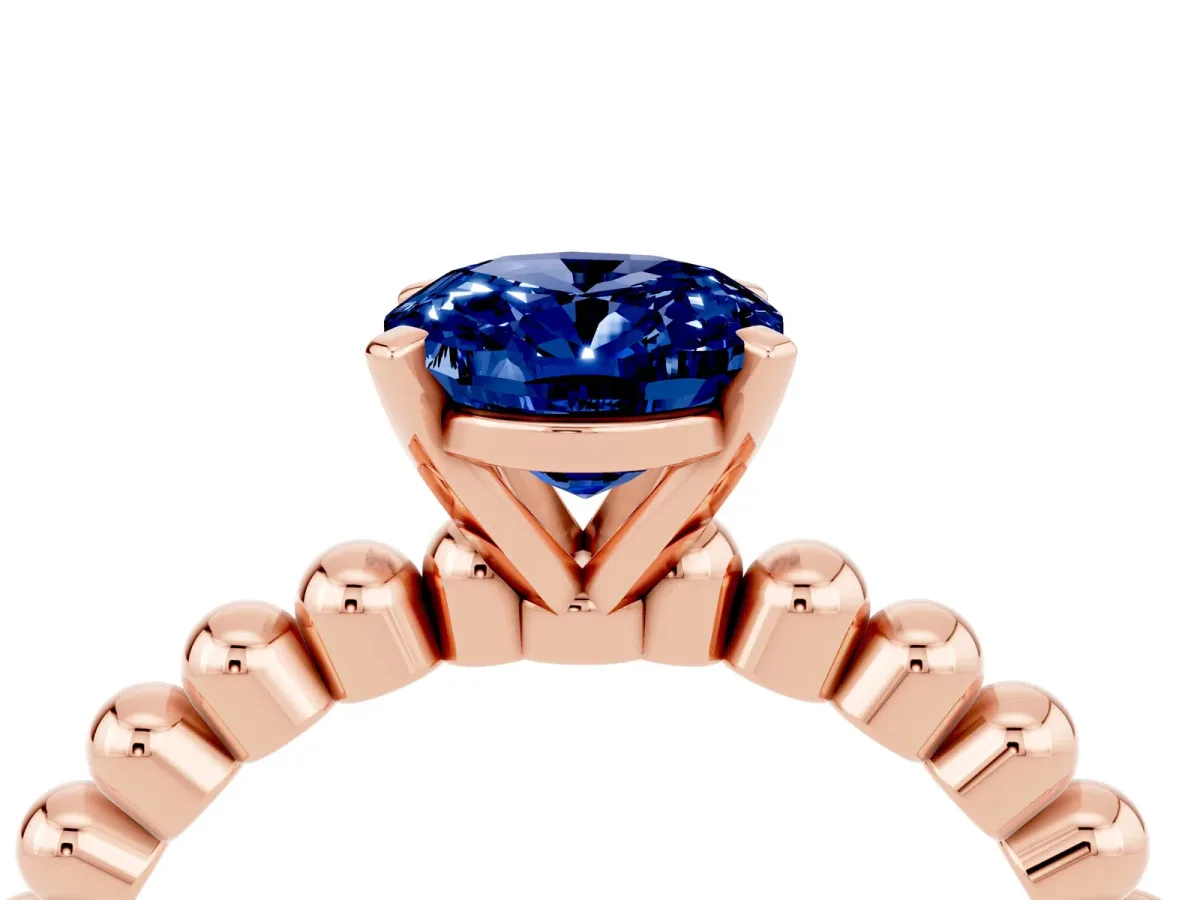 Oval Cut Blue Sapphire Solitaire Ring with Beaded Band and Prong Setting Rose gold