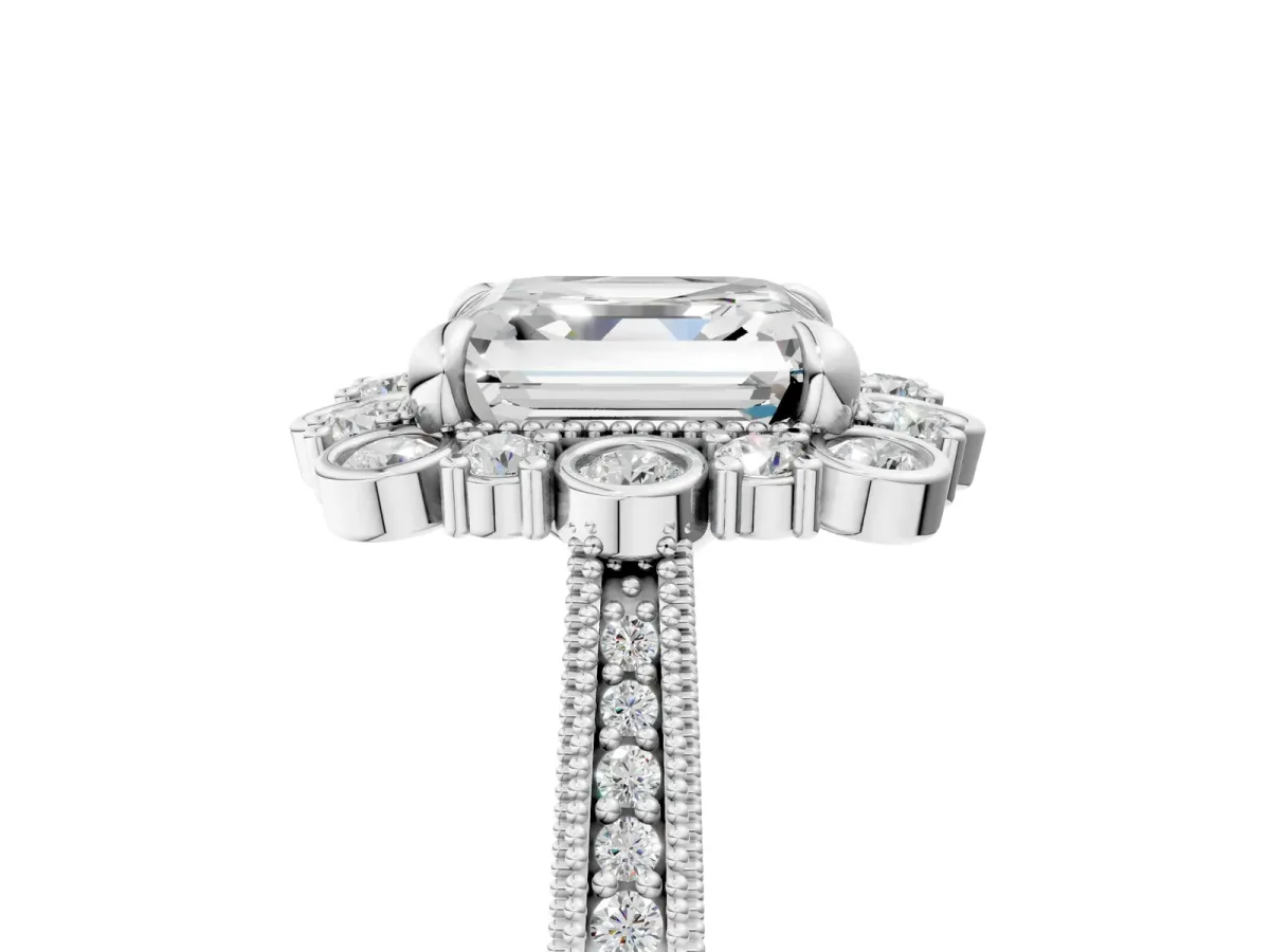 Asscher Cut Halo Milgrain Pave Diamond Ring with Four-Prong Setting Platinum