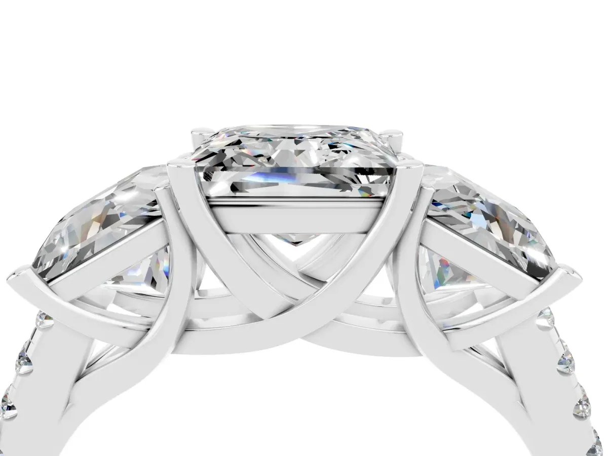 Three-Stone Princess Cut Moissanite Ring with Round Pavé Band and Prong Setting Silver