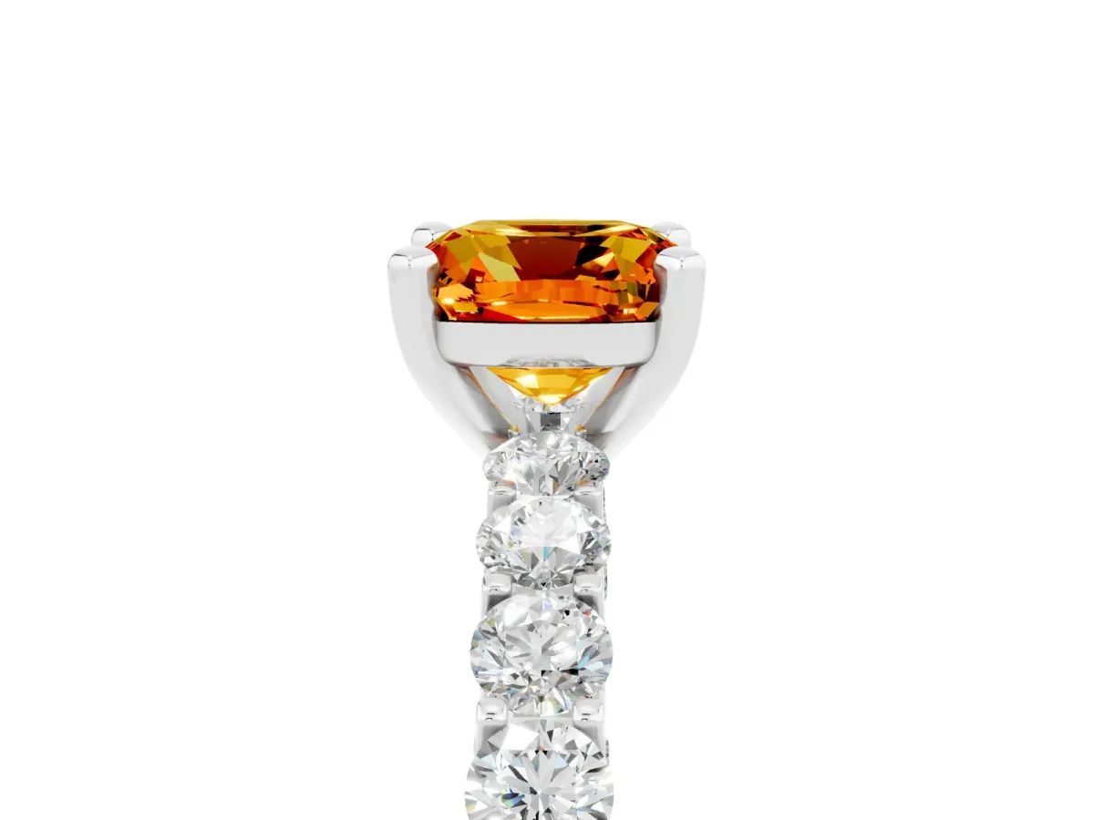 Cushion Cut Citrine Solitaire Ring with Shared Prong Pavé Band and Four-Prong Setting White gold