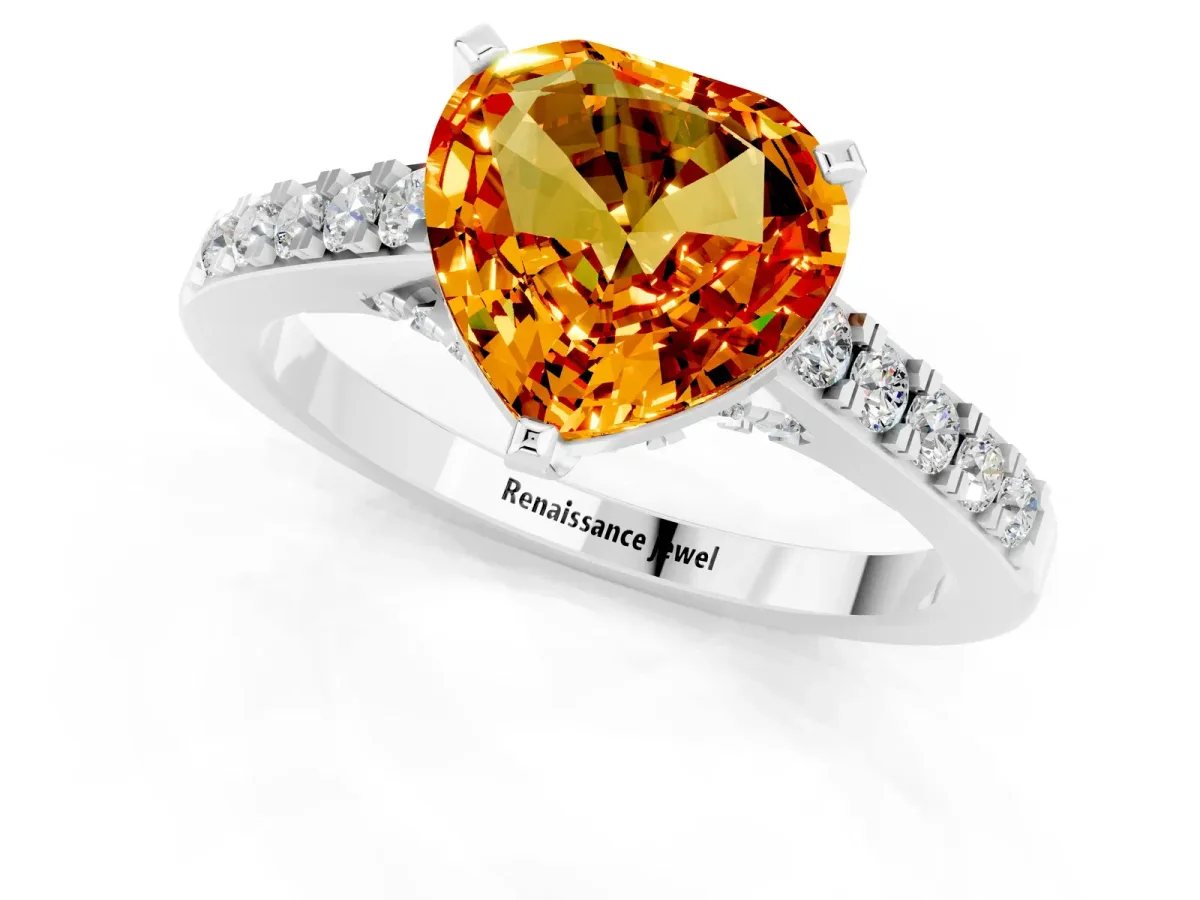 Heart Cut Citrine Solitaire Ring with Crossover Gallery and Round Pavé Band Silver