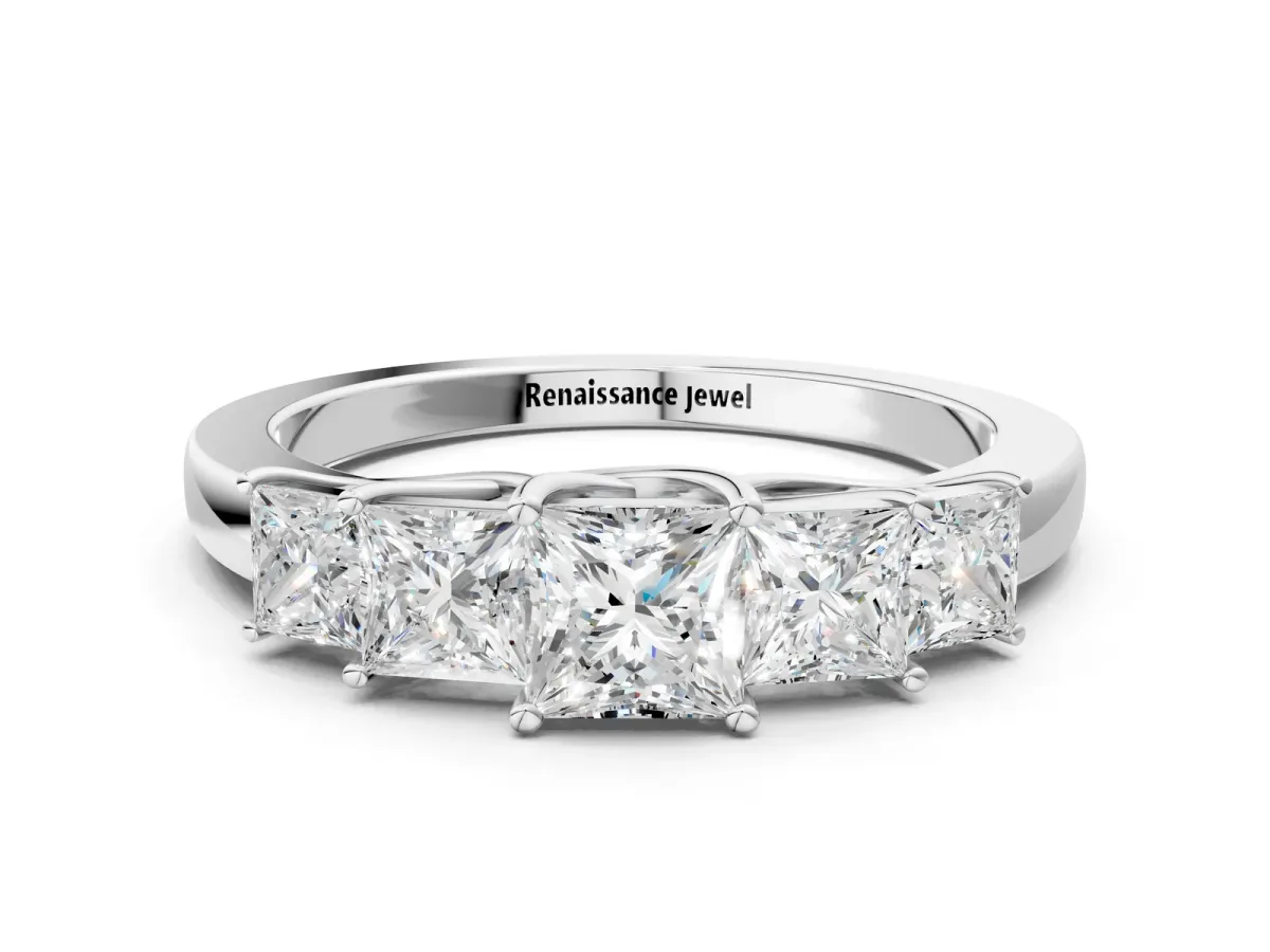 Princess Cut Five-Stone Diamond Ring with Classic Prong Setting Platinum