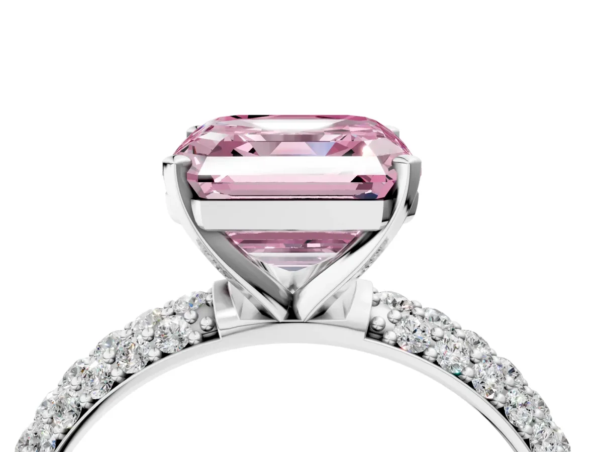 Fancy Pink Asscher Cut Diamond Solitaire Ring with Prong Setting and Pavé Band Platinum