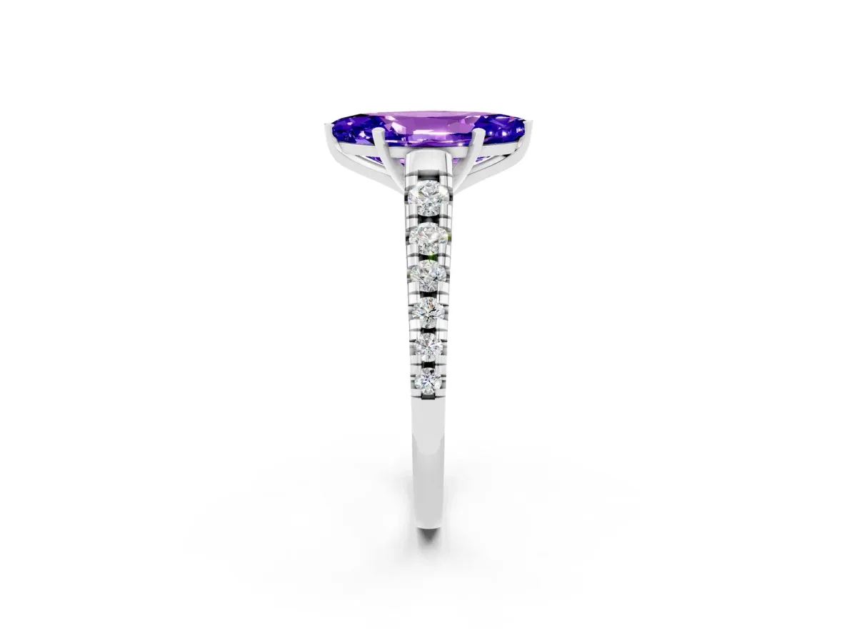 Marquise Cut Tanzanite Cathedral Solitaire Ring with Round Pavé Band Silver