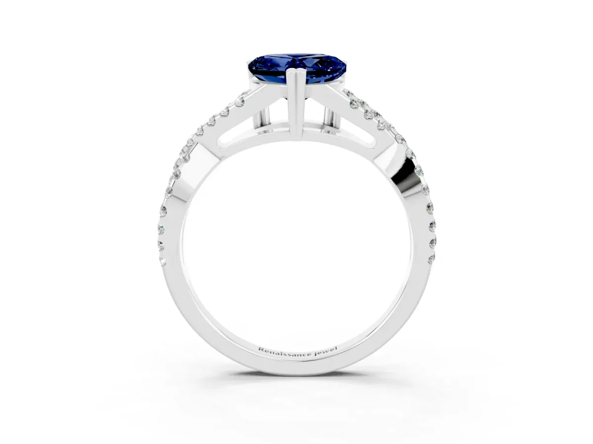 Heart Cut Blue Sapphire Solitaire Ring with Four-Prong Setting and Twisted Pavé Band Silver