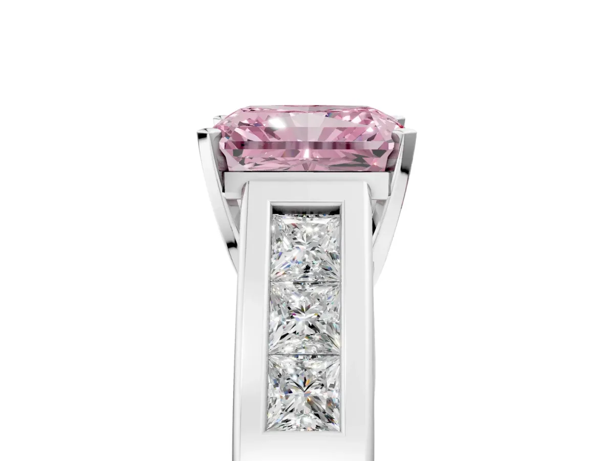Fancy Pink Radiant Cut Cut Channel Set Solitaire Ring with Four-Prong Setting White gold