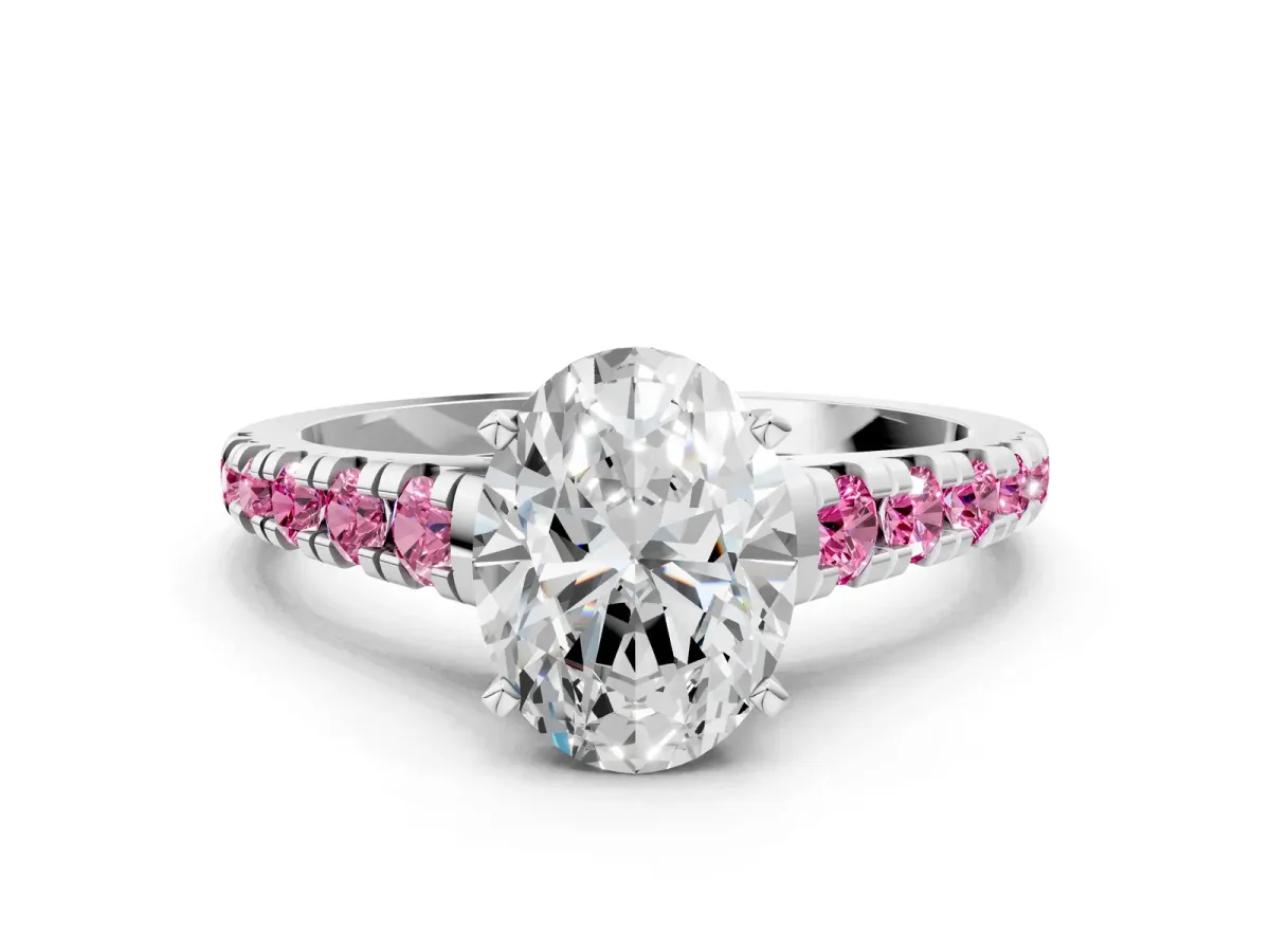 Oval Cut Diamond Cathedral Solitaire Ring with Round Pink Sapphire Pavé Band Silver