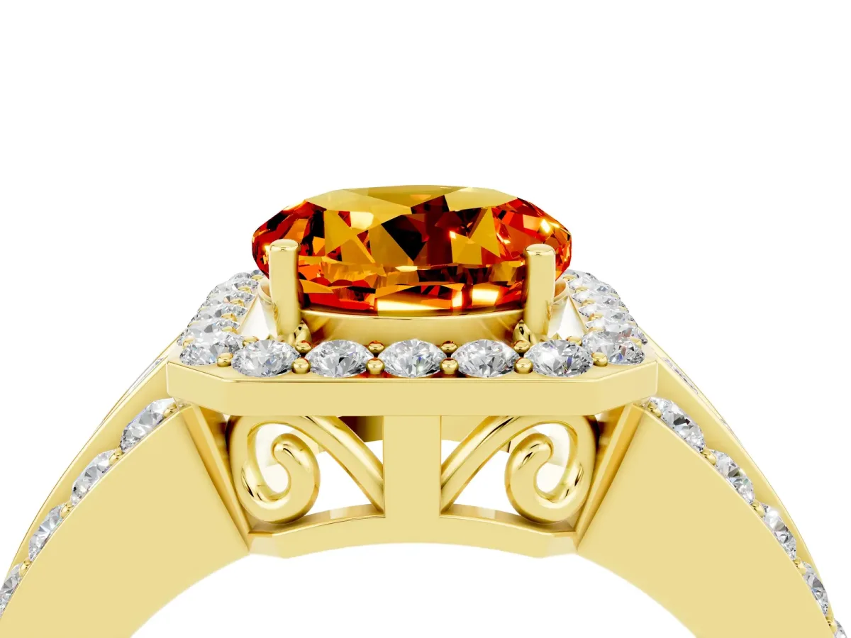 Round Cut Halo Citrine Ring with Round Split Shank and Prong Setting Yellow gold
