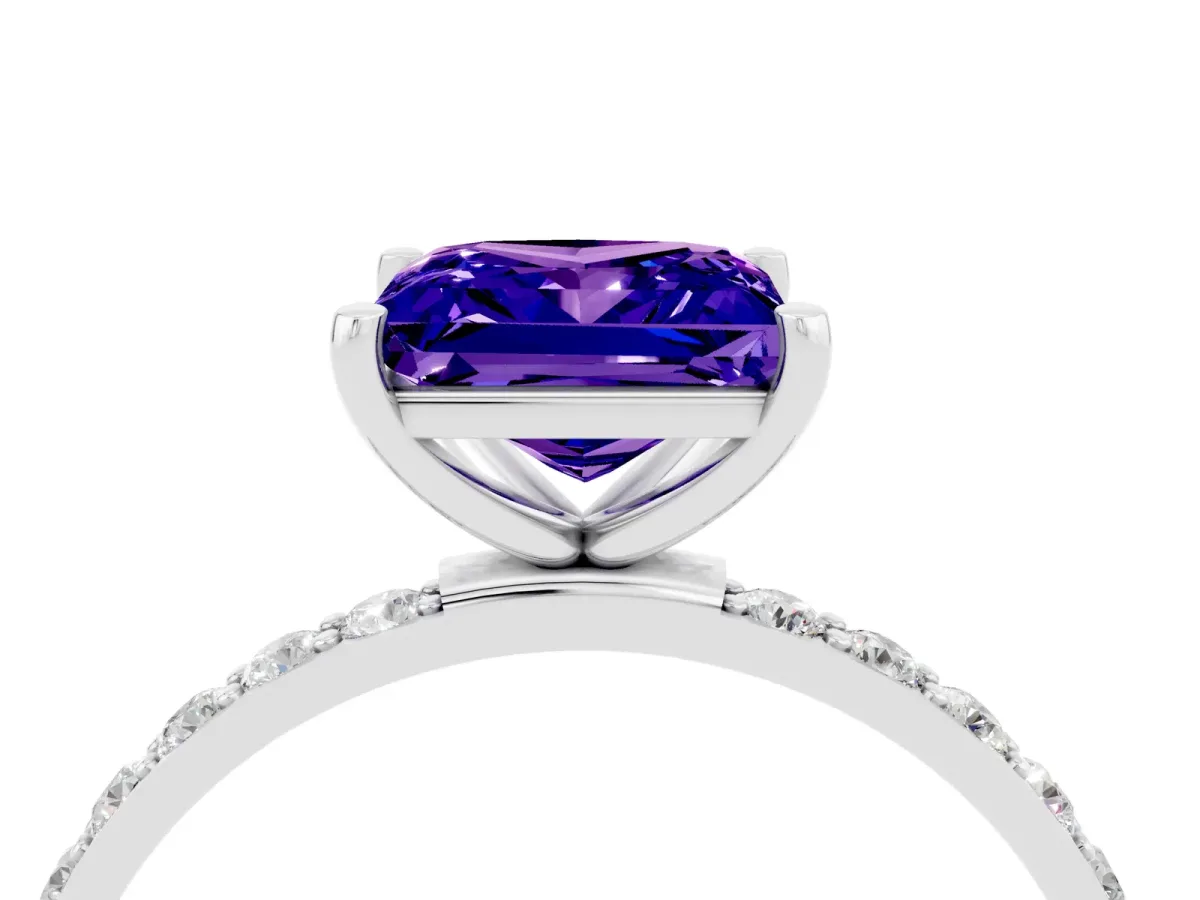 Princess Cut Tanzanite Solitaire Ring with Round Pavé Band and Prong Setting Silver