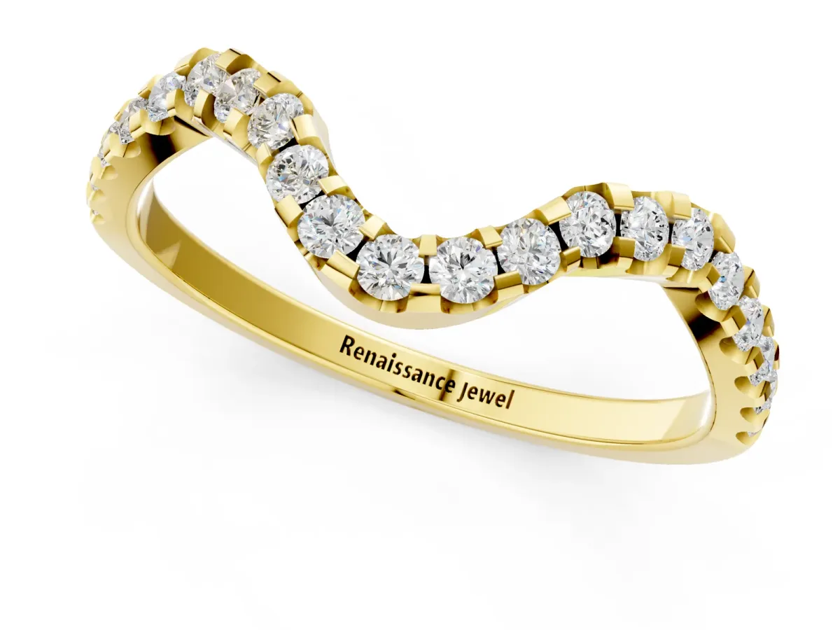 Round Diamond Pavé Chevron Wedding Band with Prong Setting Yellow gold