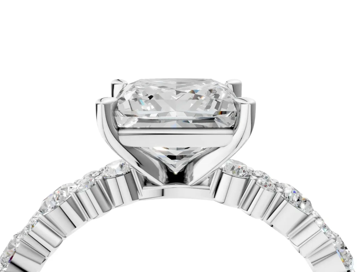 Princess Cut Diamond Side Stone Solitaire Ring with Round Moissanite and Four-Prong Setting Silver