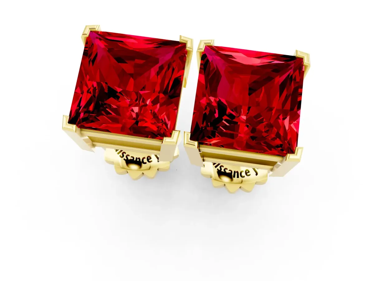 Princess Cut Ruby Stud Earrings Yellow gold