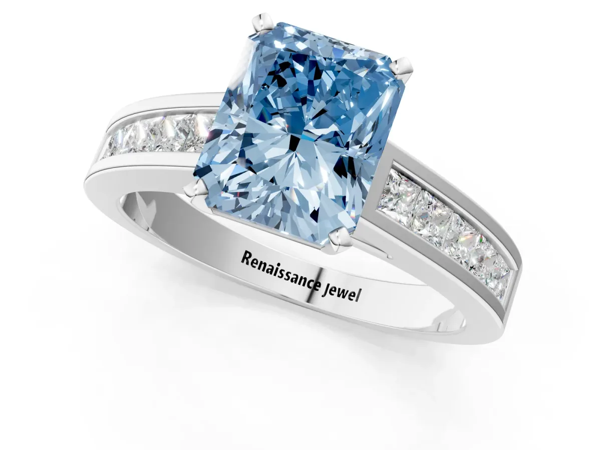 Fancy Blue Radiant Cut Solitaire Diamond Ring with Channel-Set Band and Four-Prong Setting Platinum