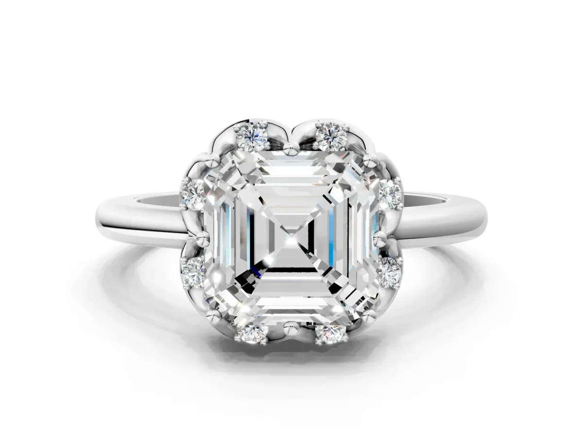 Asscher Cut Halo Diamond Ring with Round Cluster Setting, Solitaire Band, and Four-Prong Setting Platinum