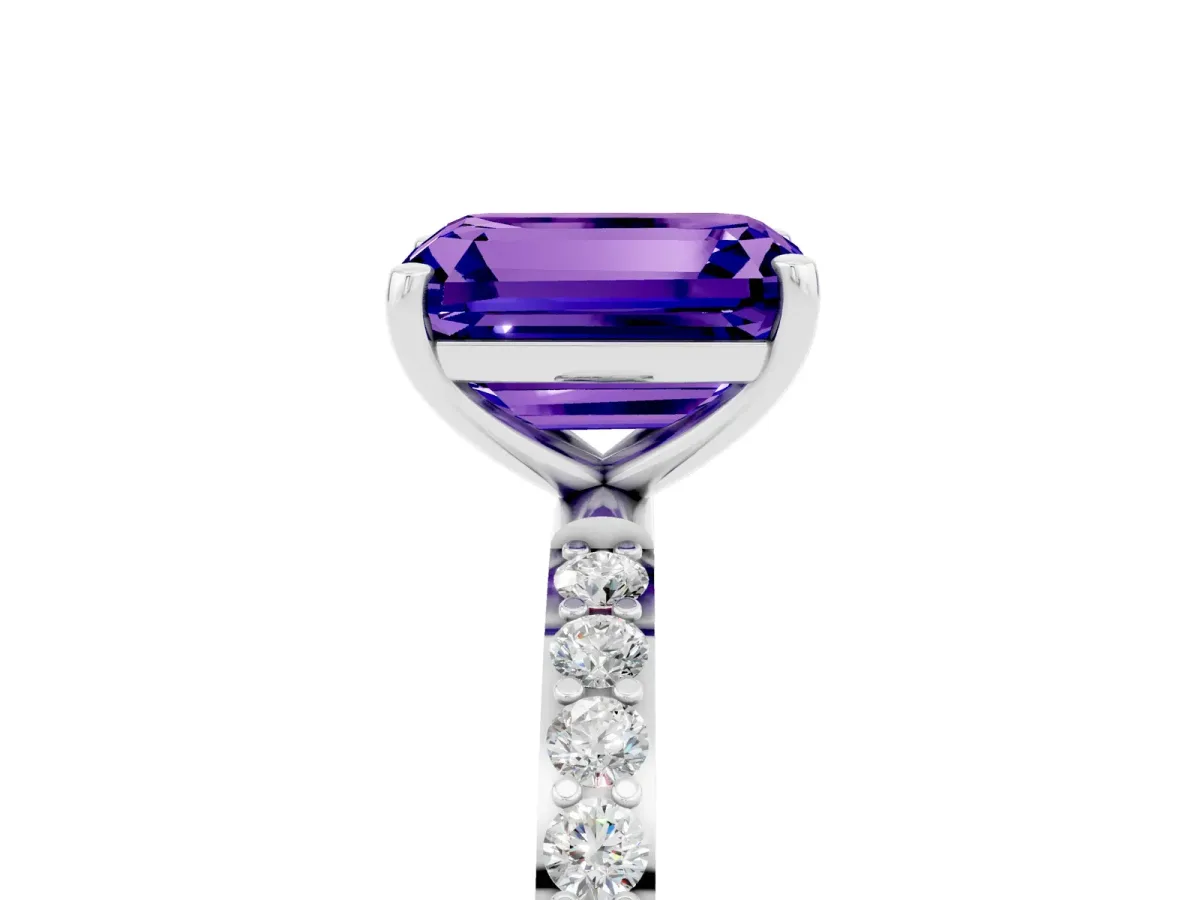 Emerald Cut Tanzanite Solitaire Ring with Round Pavé Shoulders and Prong Setting Silver