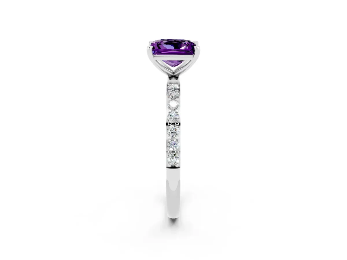 Princess Cut Amethyst Solitaire Ring with Round Pavé Band and Prong Setting Silver