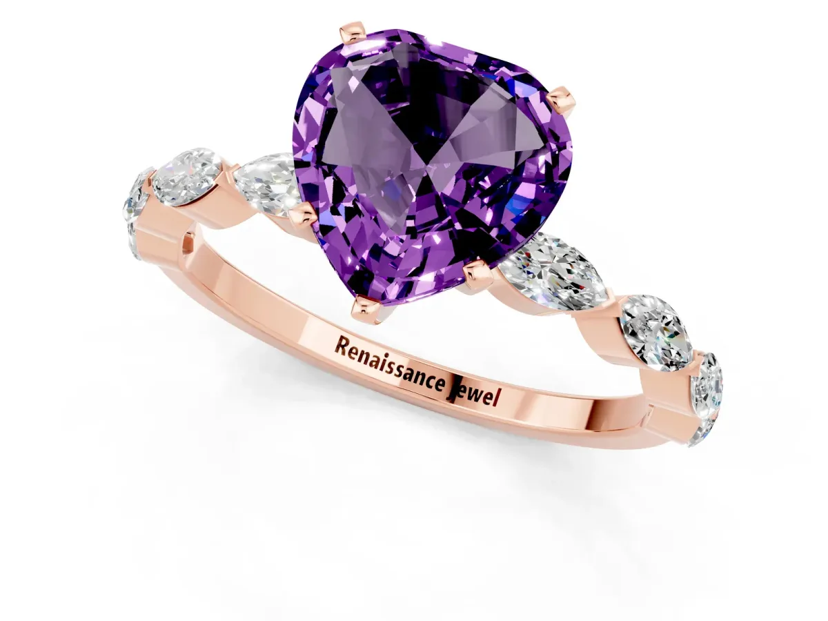 Heart Cut Amethyst Ring with Marquise Side Stones and Prong Setting Rose gold