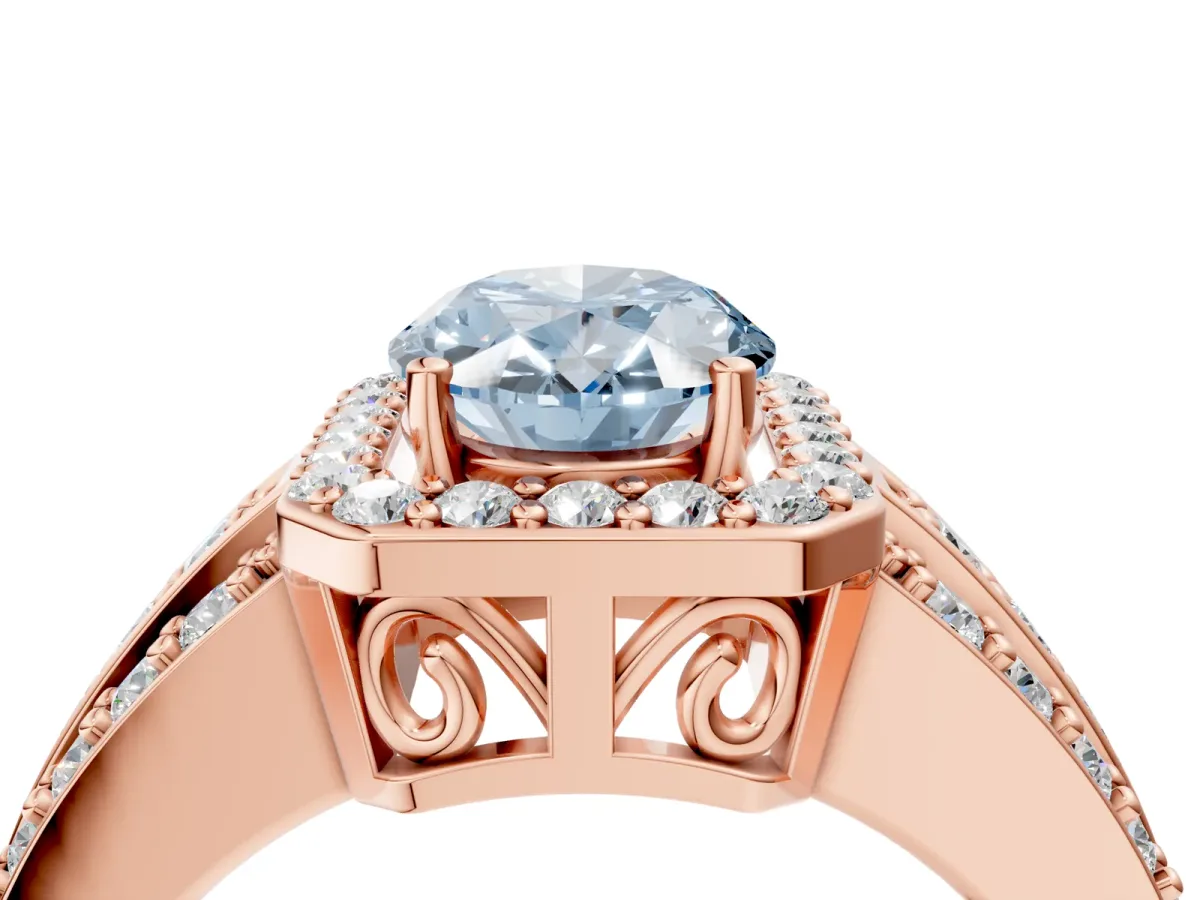 Fancy Blue Oval Cut Halo Diamond Ring with Round Split Shank and Prong Setting Rose gold