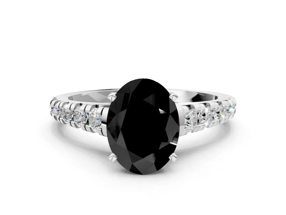Fancy Black Oval Cut Diamond Cathedral Solitaire Ring with Round Pavé Band Platinum