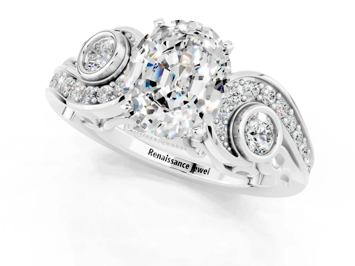 Oval Cut Moissanite Solitaire Ring with Milgrain Pavé Band and Four-Prong Setting Silver