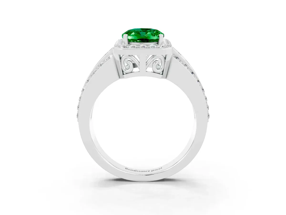 Oval Cut Halo Emerald Ring with Round Split Shank and Prong Setting White gold