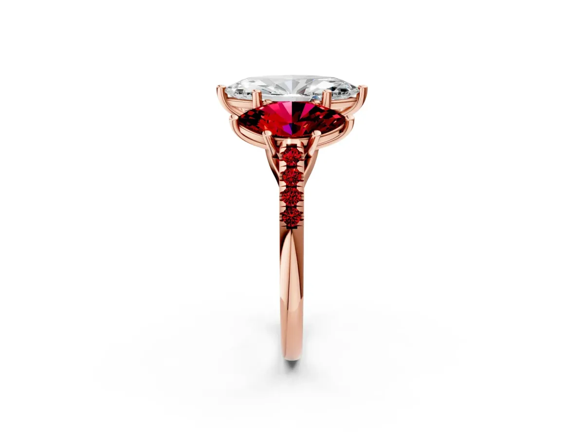 Three-Stone Marquise Cut Diamond Ring with Round Ruby Pavé Band and Prong Setting Rose gold