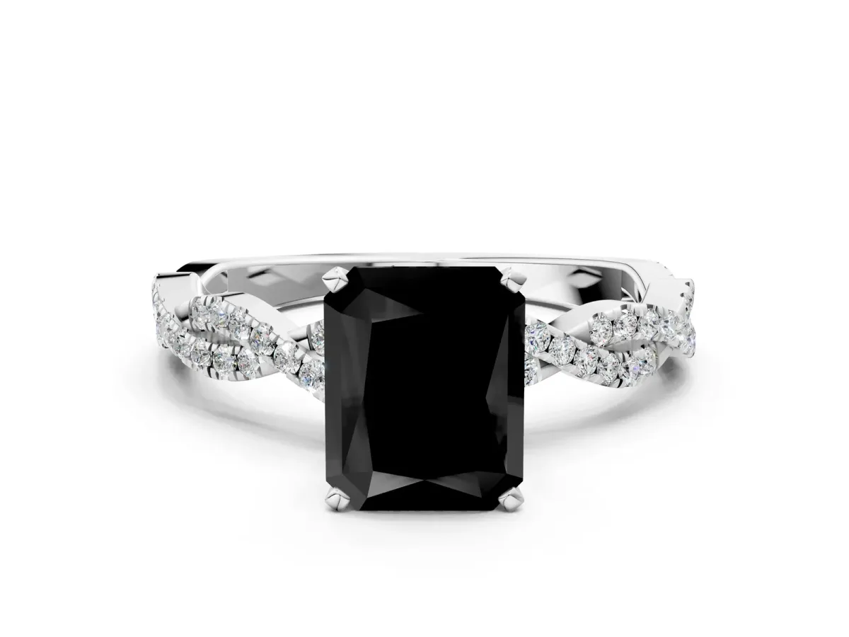 Fancy Black Radiant Cut Solitaire Twisted Pave Band with Four-Prong Setting Platinum