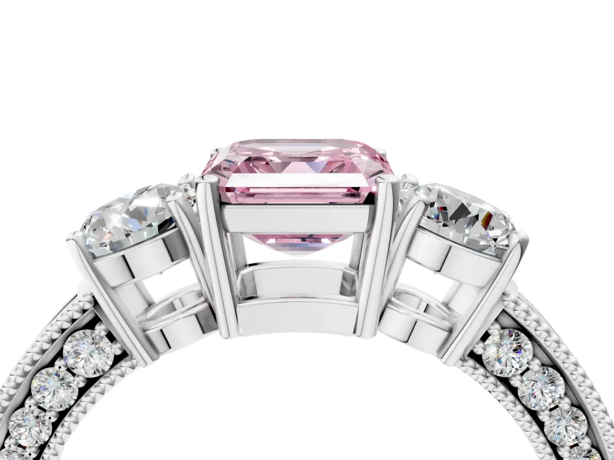 Fancy Pink Asscher Cut Three-Stone Diamond Ring with Pavé Band and Four-Prong Setting Platinum