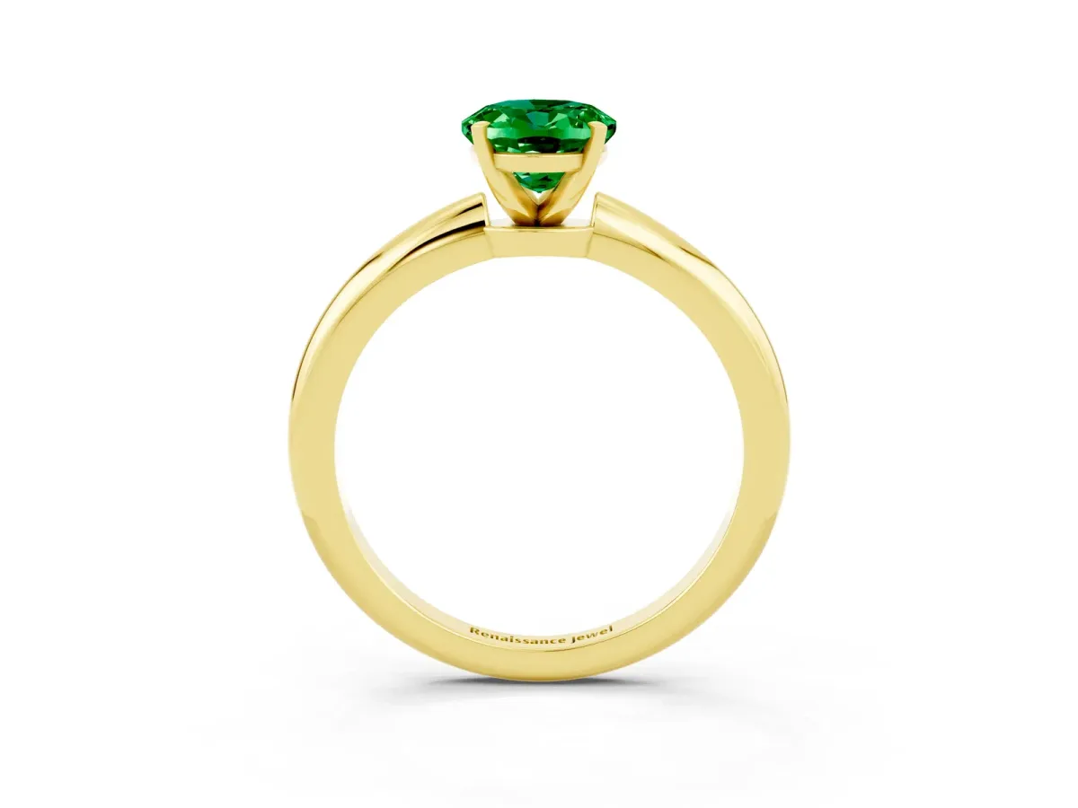 Oval Cut Emerald Solitaire Ring with Six-Prong Setting and Classic Band Yellow gold