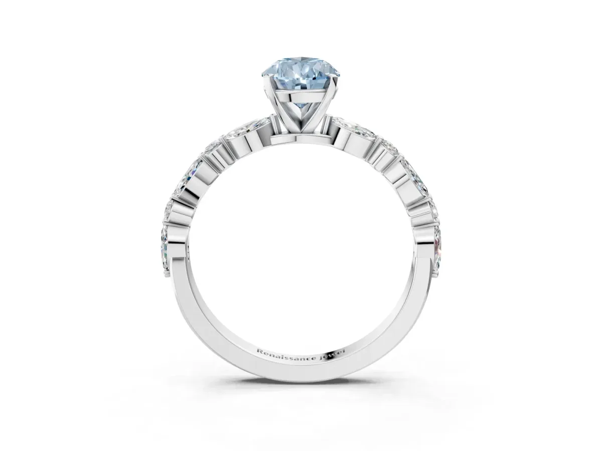 Fancy Blue Pear Cut Diamond Ring with Marquise and Round Side Stones and Four-Prong Setting Silver