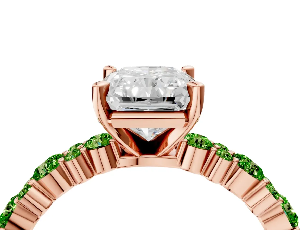 Radiant Cut Diamond Side Stone Solitaire Ring with Round Peridot and Four-Prong Setting Rose gold