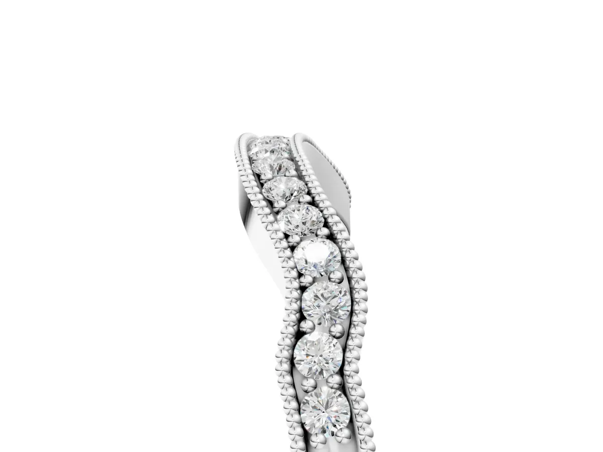 Curved Pavé Diamond Milgrain Band with Round Brilliant Stones Silver
