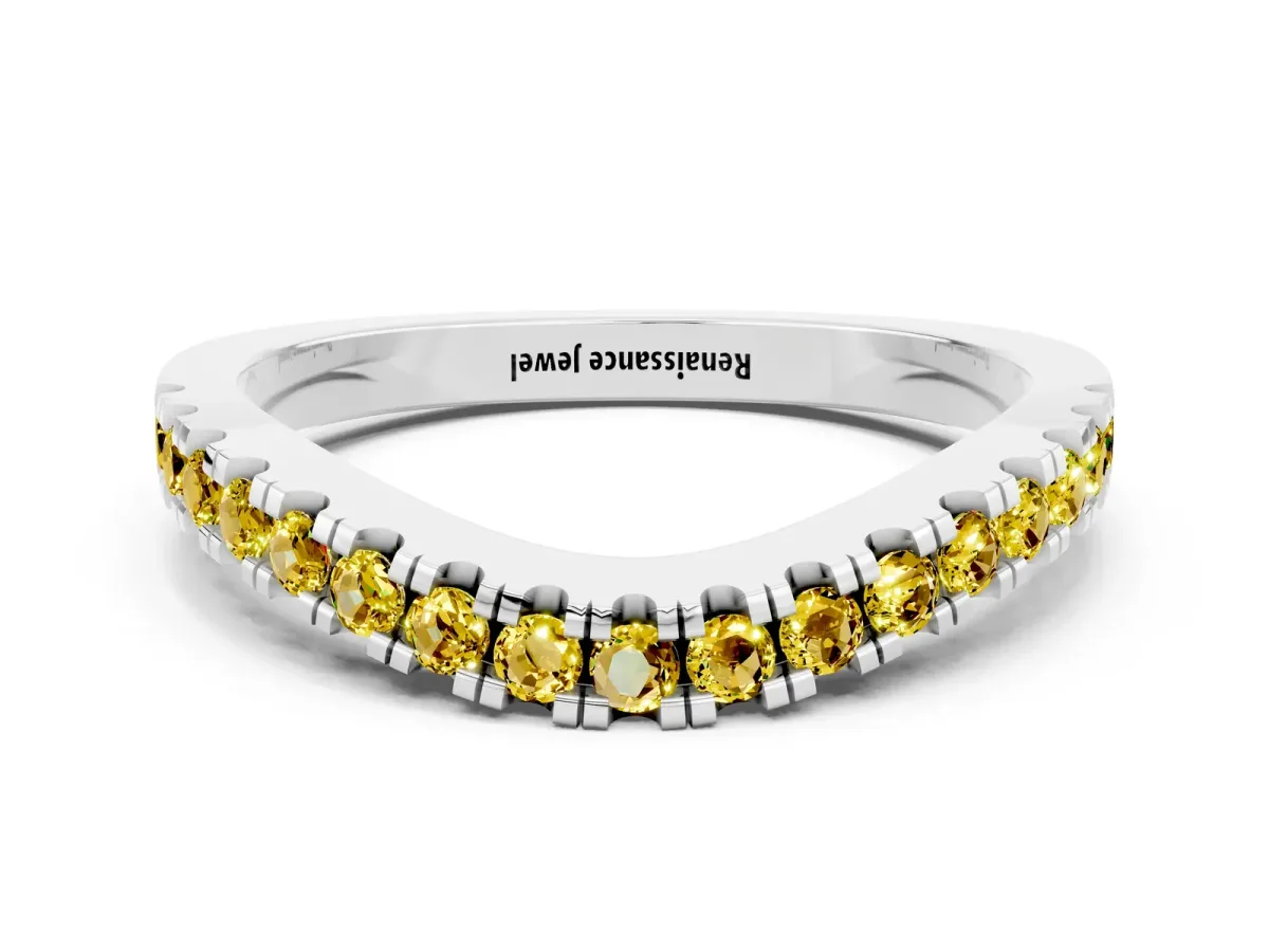 Round Yellow Sapphire Pavé Curved Band with Shared Prong Setting Platinum