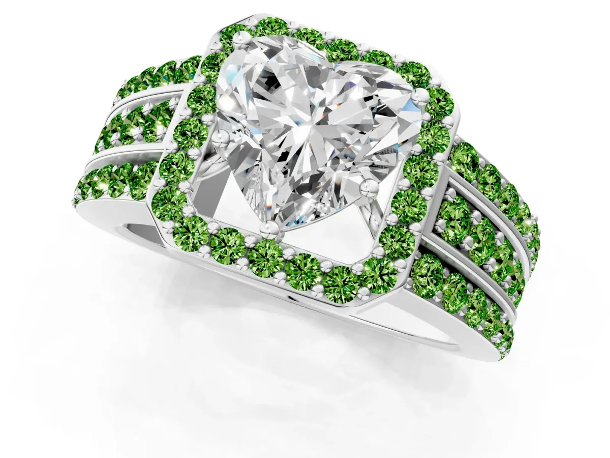 Heart Cut Halo Diamond Ring with Round Peridot Split Shank and Prong Setting Silver