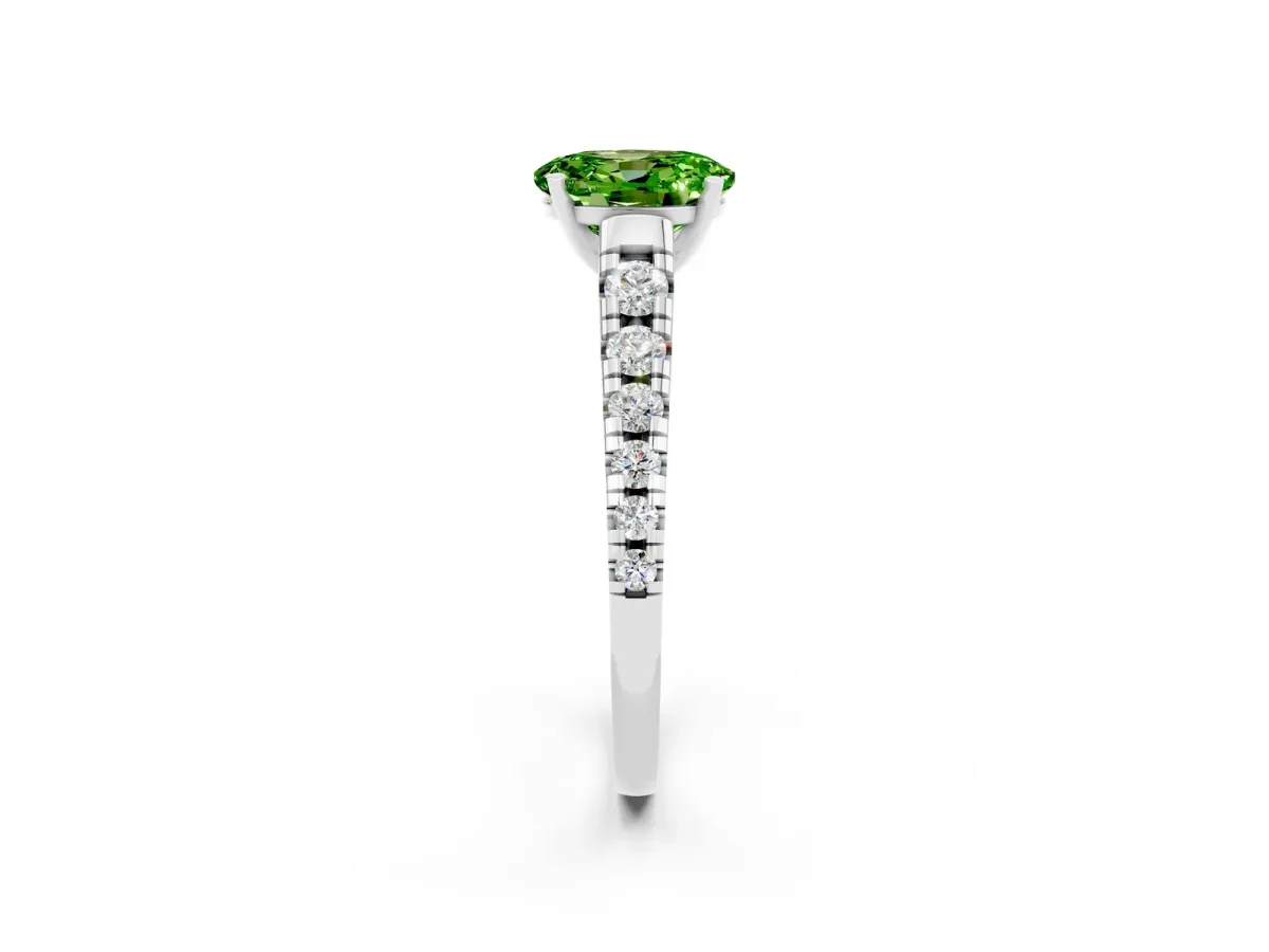 Oval Cut Peridot Cathedral Solitaire Ring with Round Pavé Band Silver