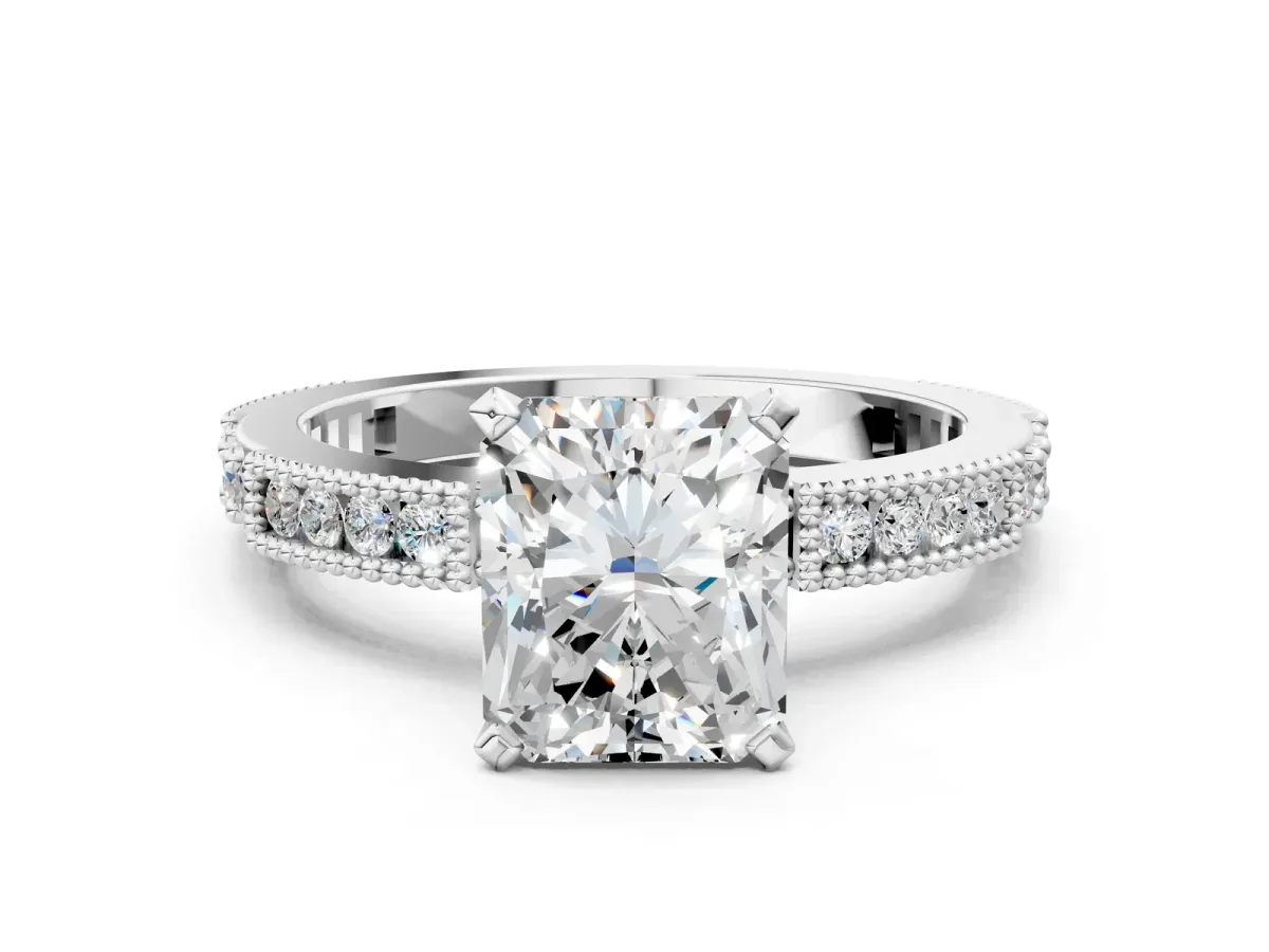 Radiant Cut Solitaire with Pavé Band and Four-Prong Setting Silver