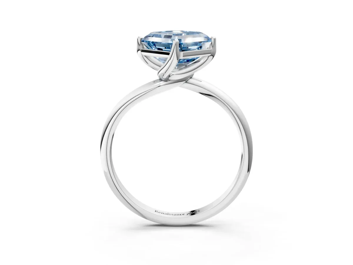 Fancy Blue Asscher Cut Diamond Solitaire Engagement Ring with Four-Prong Setting and Classic Band Platinum