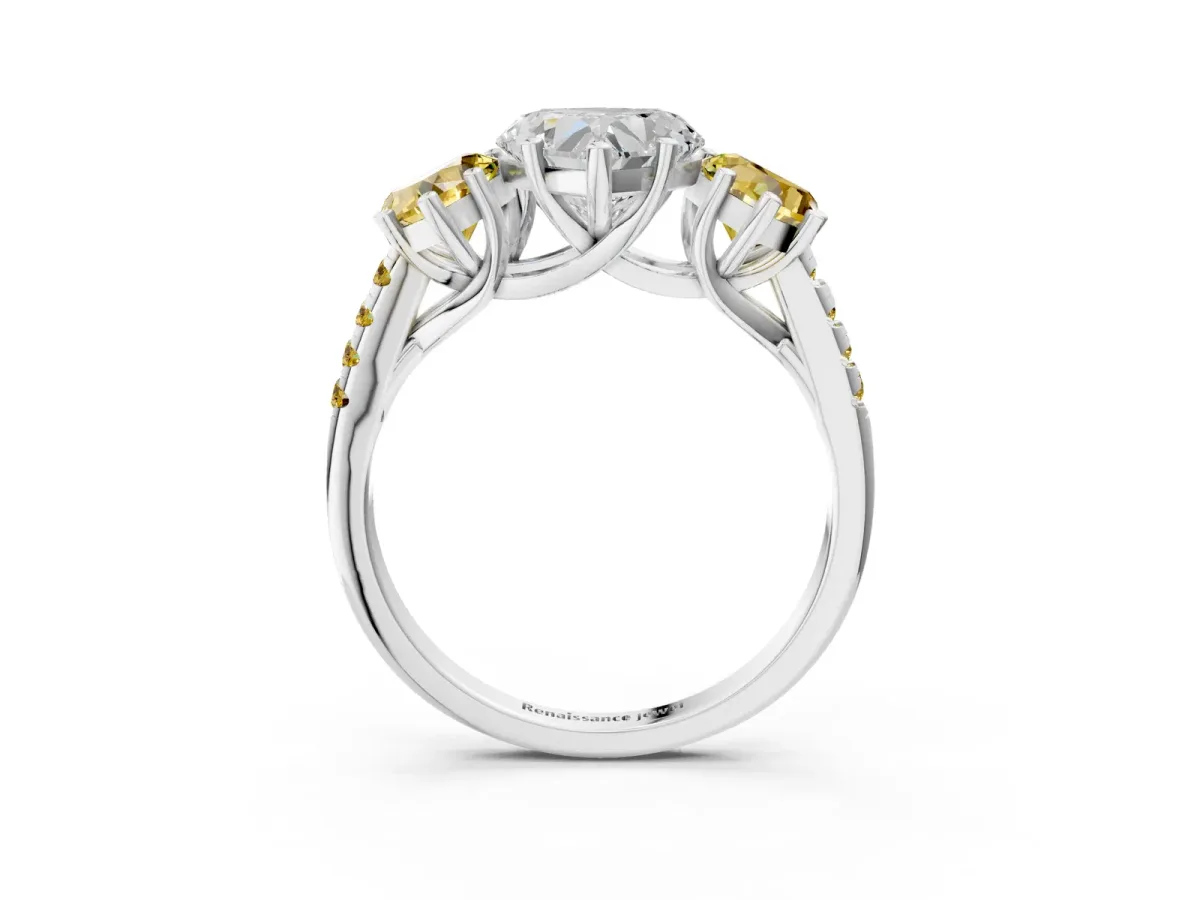 Three-Stone Heart Cut Diamond Ring with Round Yellow Sapphire Pavé Band and Prong Setting Silver