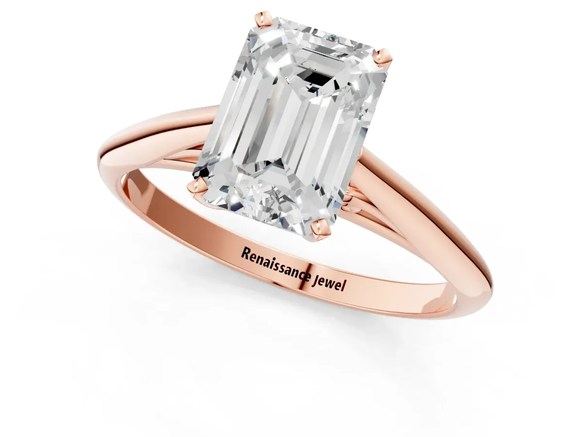 Emerald Cut Diamond Solitaire Engagement Ring with Cathedral Setting and Four-Prong Mount Rose gold