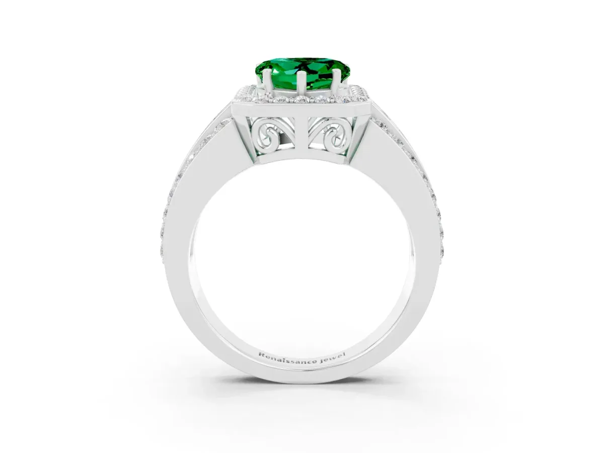 Heart Cut Halo Emerald Ring with Round Split Shank and Prong Setting Platinum